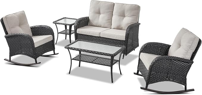 Belord 5 Piece Outdoor Conversation Patio Furniture Set - All-Weather Wicker Patio Rocking Chairs with Loveseat Glider Chair and Coffee Table for Patio Deck Porch Backyard Black Wicker