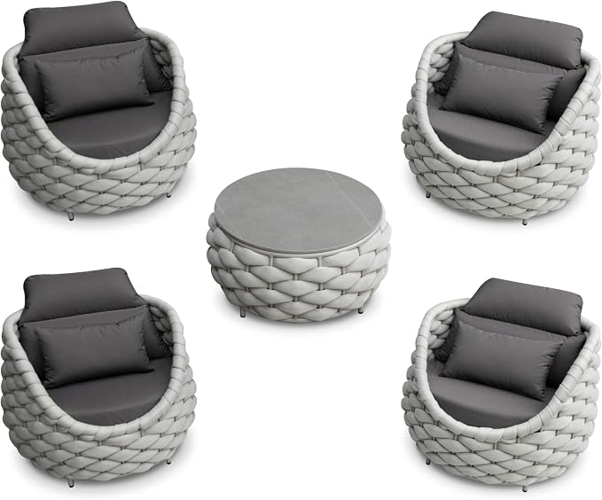 Front Porch Furniture 5 Piece Set: Aluminum Woven Rope Patio Conversation Sofa Set - Assembled Accent Chair Modern - Cushioned Armchair Couch Set for 400 lbs Deck Backyard Poolside Garden Hotel