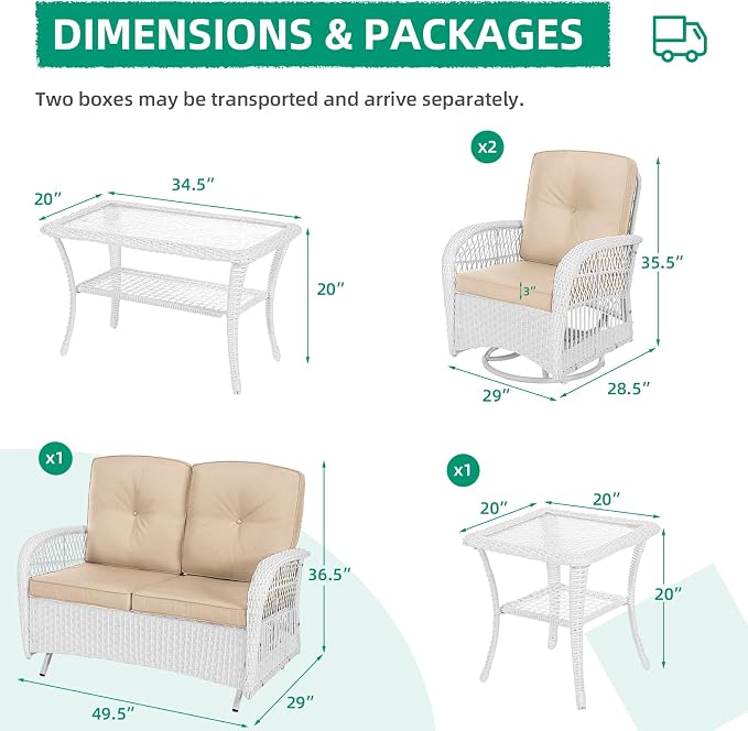 VIVIJASON 5-Piece Outdoor Patio White Wicker Conversation Sets, All Weather Outdoor Rattan Furniture Set Includes Glider Loveseat, 2 Coffee Table, 2 Swivel-Gliders Chairs with Cushions, Beige