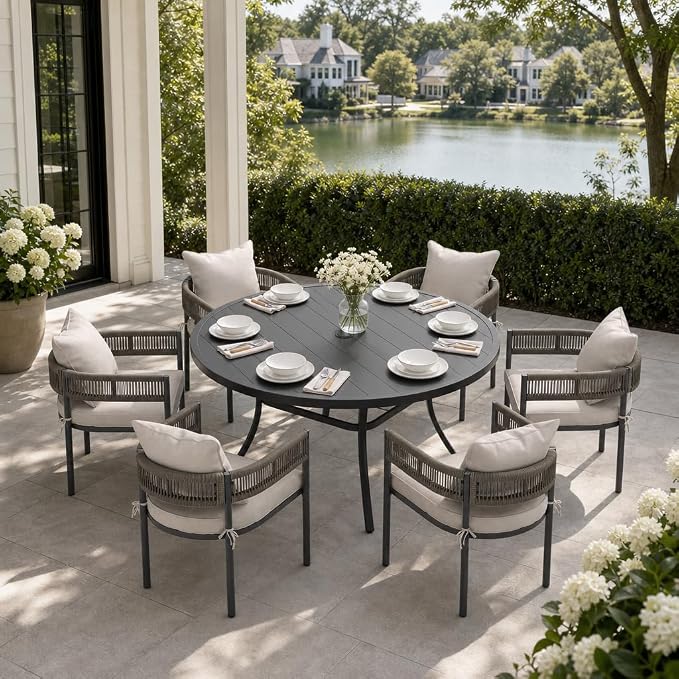 VICLLAX Patio Dining Set, 53" Black Table & 6 Chairs with Wheat Cushion | Outdoor Table and Chairs Set of Round Metal Patio Table, Outdoor Dining Chairs with Metal Frame, Garden Deck Porch
