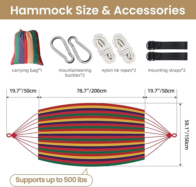 Bellzacasa Brazilian Double Camping Hammock, Portable Hammock Heavy Duty 500 lb Load Capacity Tassels and Fishtail Knitting with Carry Bag & Tree Straps for Patio Balcony Backyard, Red Stripes