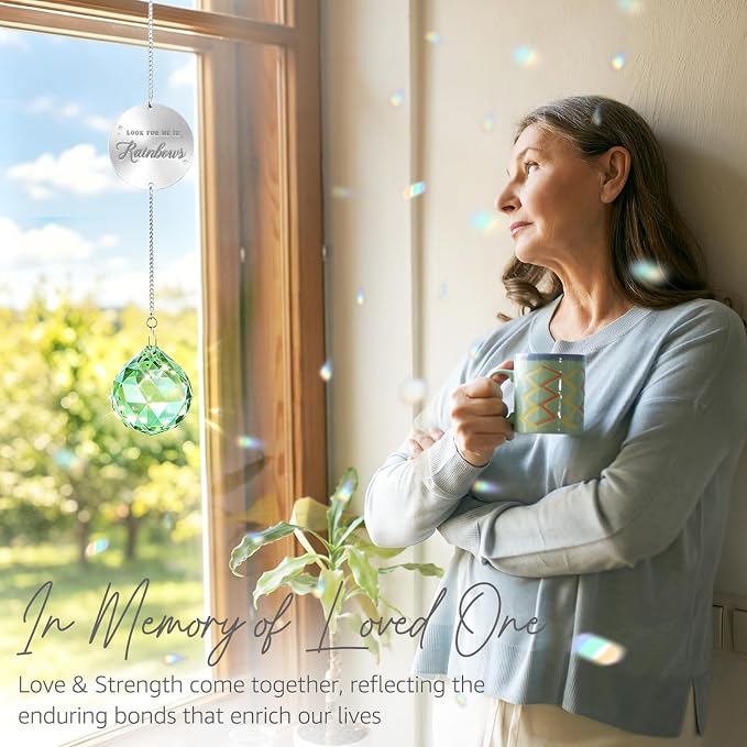 Mooncraftlogy Memorial Gifts for Loss of Loved One, Unique Sympathy Idea, Green Crystal Ball Grief Suncatcher, Rainbow Bereavement Box for Mom Dad Husband Son Daughter