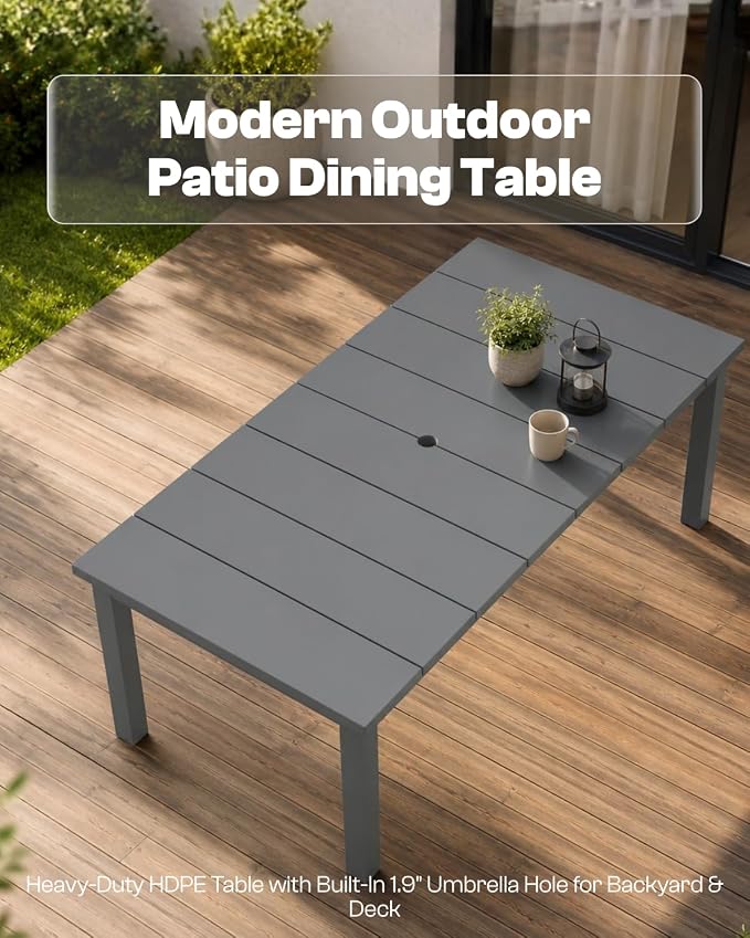75.2" HDPE Outdoor Dining Table for 4-6 People, Rectangular Patio Dining Table with Umbrella Hole, All Weather Patio Dining Outdoor Table for Deck, Backyard and Garden, Gray
