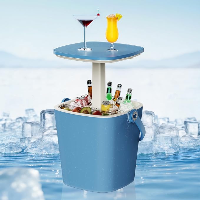 Outdoor Cool Bar Table with Adjustable Height,4-Gallon All-Weather Ice & Wine Cooler,Multi-Functional Patio Cocktail Station for Camping, Backyard & Parties