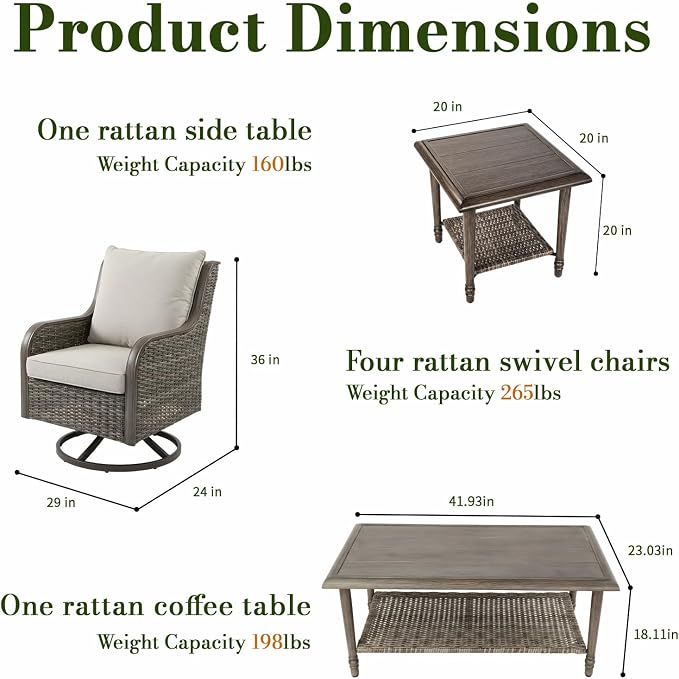 6-Piece Swivel Patio Furniture Set, 4 Outdoor Wicker Swivel Chairs with Coffee Table & Side Table, All-Weather Conversation Set for Porch Deck Backyard, Water-Resistant Cushions（6-PCS