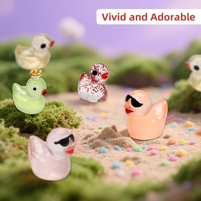 25pcs Mini Ducks Fairy Garden Accessories with Mini Suitcase | 12pcs Glitter & 13pcs Luminous Duck Mini Resin Animals figures for Garden Decor, Landscape Decor, DIY Craft, Succulents