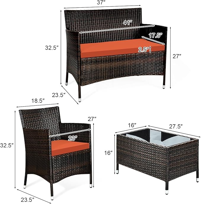 Tangkula 4 Pieces Patio Rattan Conversation Set, Outdoor Wicker Furniture with Tempered Glass Coffee Table & Thick Cushion, Rattan Chair Wicker Set for Garden, Lawn, Poolside and Backyard (1, Orange)