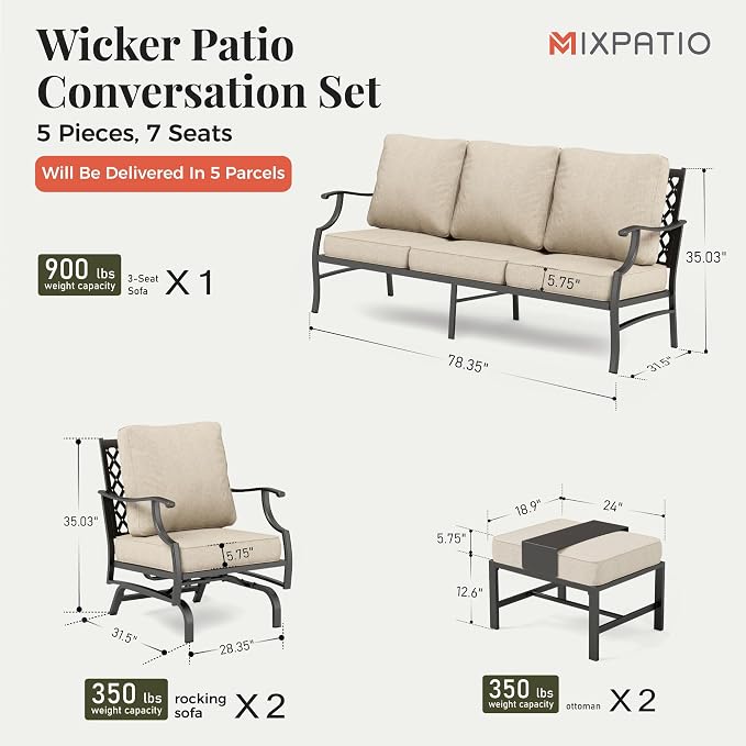 MIXPATIO Patio Furniture Set 5 pcs, Outdoor Patio Furniture Set, 3-Seat Sofa, 2 Rocking Chairs, 2 Ottomans and 5.75" Extra Thick Cushion, Patio Conversation Set for Backyard Deck,Beige