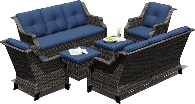 Outdoor Patio Furniture Set, 6 Piece Wicker Patio Furniture with Thick Cushions, Curved Armrest, Deep Seating, Rattan Outdoor Chairs for Porch, Deck, Balcony