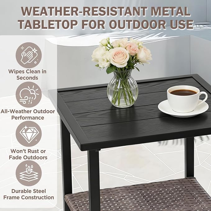 EAGLE PEAK Mojave Dusk Patio Side Table with Wood Grain Top and Wicker Shelf, Durable Weather-Resistant Outdoor Table for Balcony, Porch, Deck, or Garden, Small