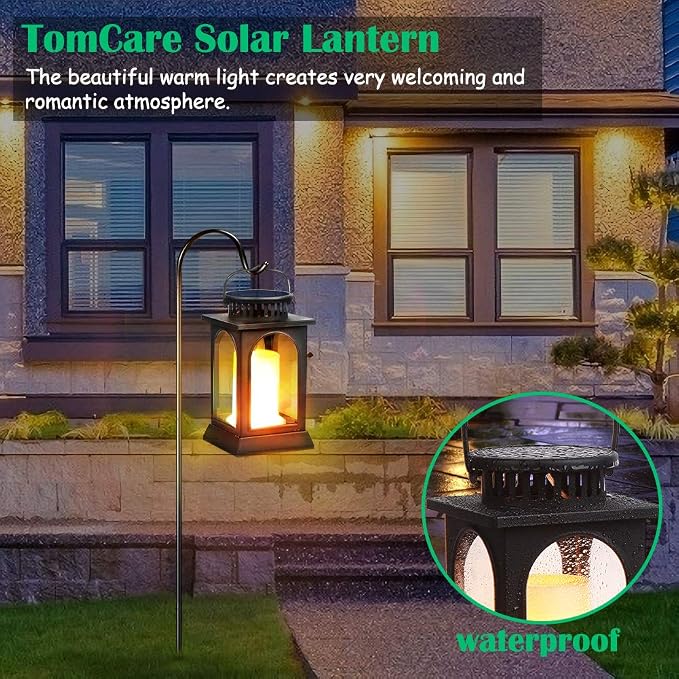 TomCare Flickering Flame Solar Lights Outdoor Metal Hanging Lantern, 2 Pack | Realistic Flame Effect, Charges in 6-8 Hours, 10-12-Hour Runtime, IP65 Waterproof, Auto On/Off for Patio, Garden and Porch