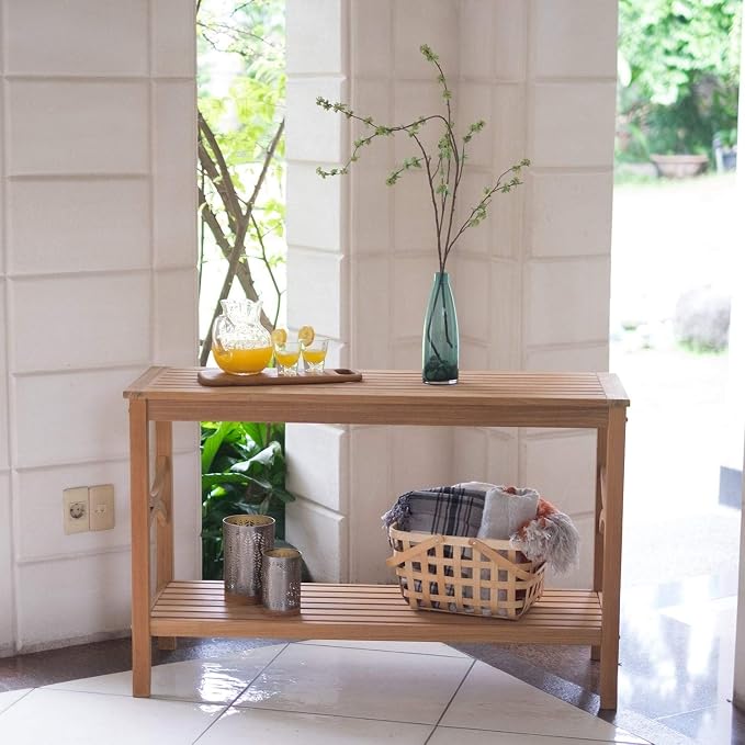 Teak Patio Console Table Brown Farmhouse Rectangle Wood Finish Weather Resistant