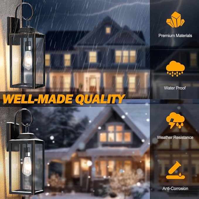 19" Large Outdoor Wall Lights Black with Gold Trim 2 Pack | Black Exterior Light Fixtures, Modern Wall Sconces, Waterproof Porch Lights Outdoor Lighting for House Garage Entryway