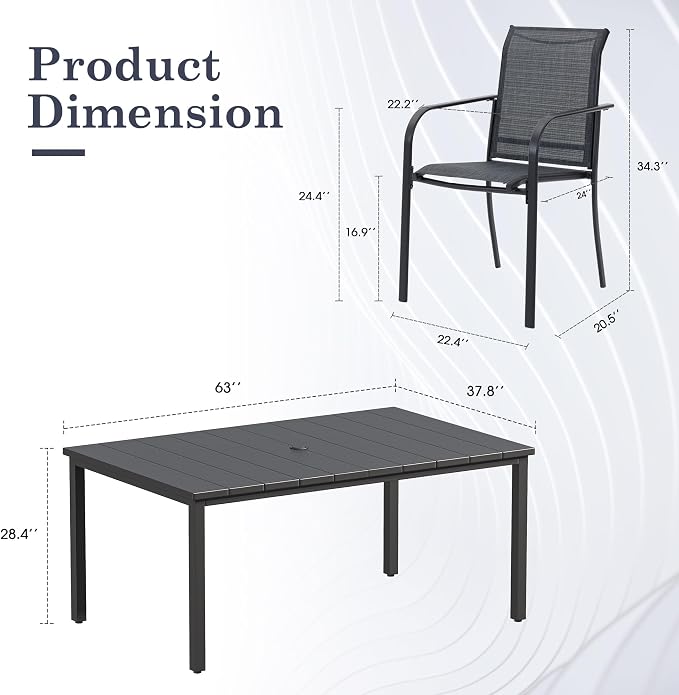 Patio Table and Chairs Set for 6, Outdoor Dining Set with 6 Stackable Dining Chairs and 63"x 37.8" Metal Steel Rectangle Dining Table for Backyard, Deck, Lawn, Garden, Grey & Black