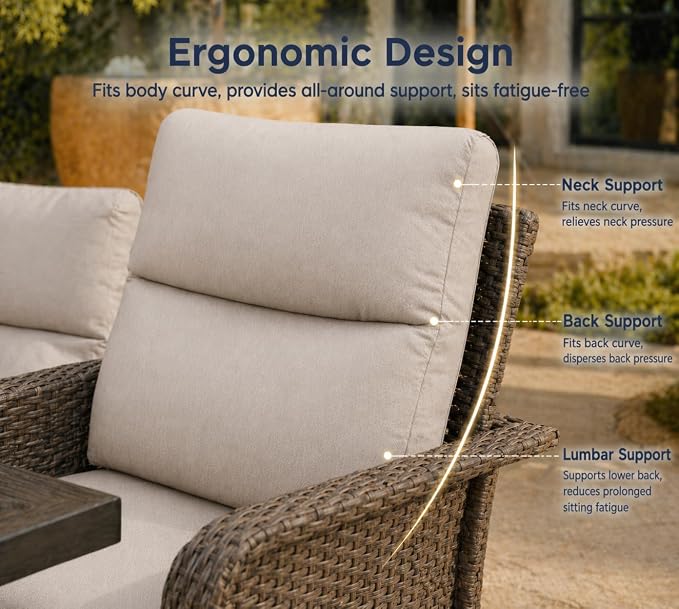 XIAO WEI 6-Piece Outdoor Furniture Set with Fire Pit Table, Wicker Patio Conversation Set with Cushions & Swivel Glide Chairs, All-Weather Patio Furniture Set for Backyard, Garden, Deck (Beige)