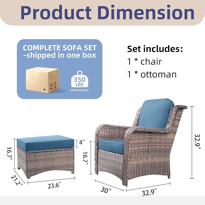 2 Pieces Patio Wicker Furniture Set, High Back Wicker Single Patio Chair Set with Ottoman, Outdoor Porch Chair with Thick Cushion for Balcony Deck Yard and Porch, Peacock Blue