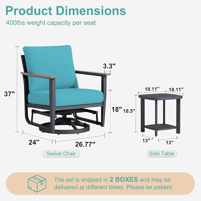 6-Piece Patio Rocking Swivel Chair Outdoor Aluminum Bistro Set with Coffee Table, Outdoor Patio Furniture Set with High Backrest & Thickened Cushions for Garden, Deck and Balcony, Turquoise