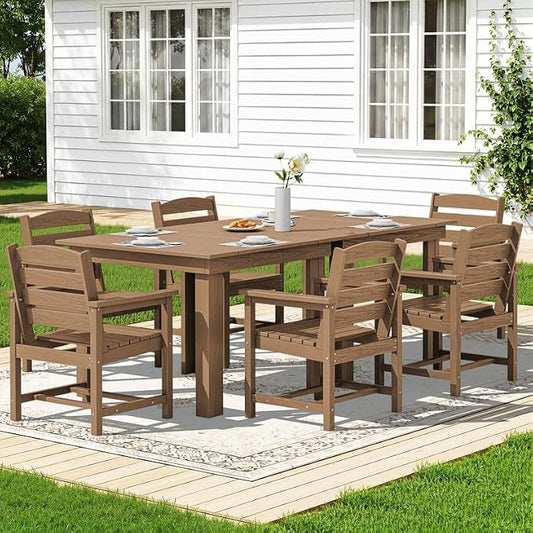 KINGYES 8-Piece HDPE Outdoor Dining Set for 6, Square Patio Table & Armchairs with Umbrella Hole, All-Weather Patio Dining Set for Backyard, Garden, Lawn & Poolside, Brown