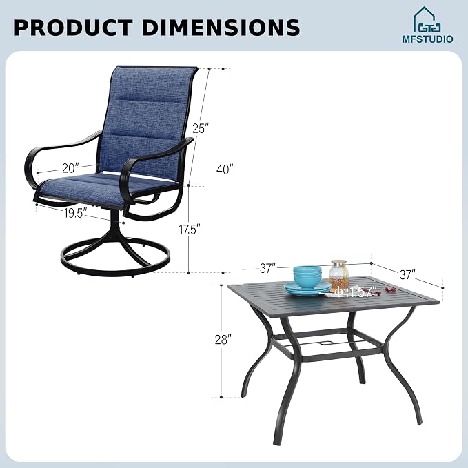 MFSTUDIO Patio Table and Chairs Set of 4, Outdoor Dining Set for Deck/Backyard/Poolside/Garden, 5 Piece Patio Furniture Set with Umbrella Hole