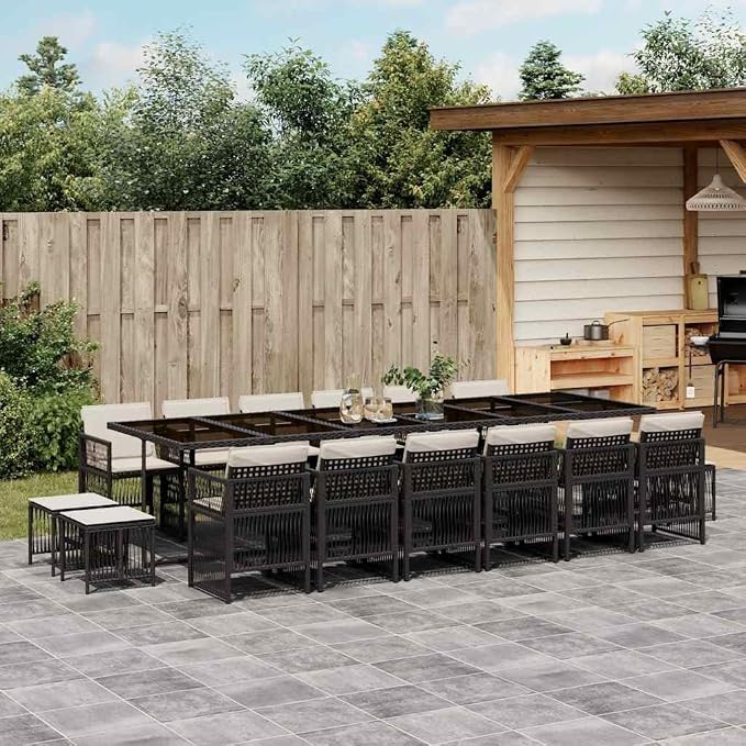 17 Piece Garden Dining Set, 16 Person Outdoor Dining Table and Chairs with Cream White Cushions, Black Poly Rattan and Steel Frame for Patio and Terrace, 130in Long