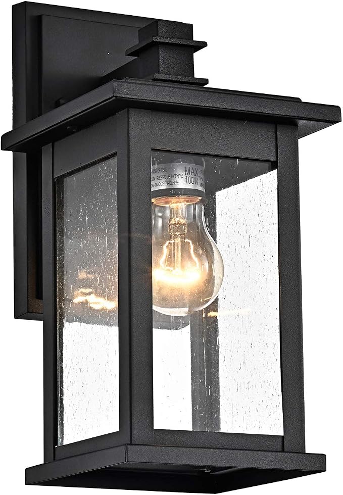 MICSIU 12 Inch Matte Black Modern Farmhouse Outdoor Wall Lantern 1 Pack | Square Exterior Sconce with Clear Seedy Glass, Anti-Rust Waterproof Outside Wall Mount Light for House, Porch, Garage, Garden