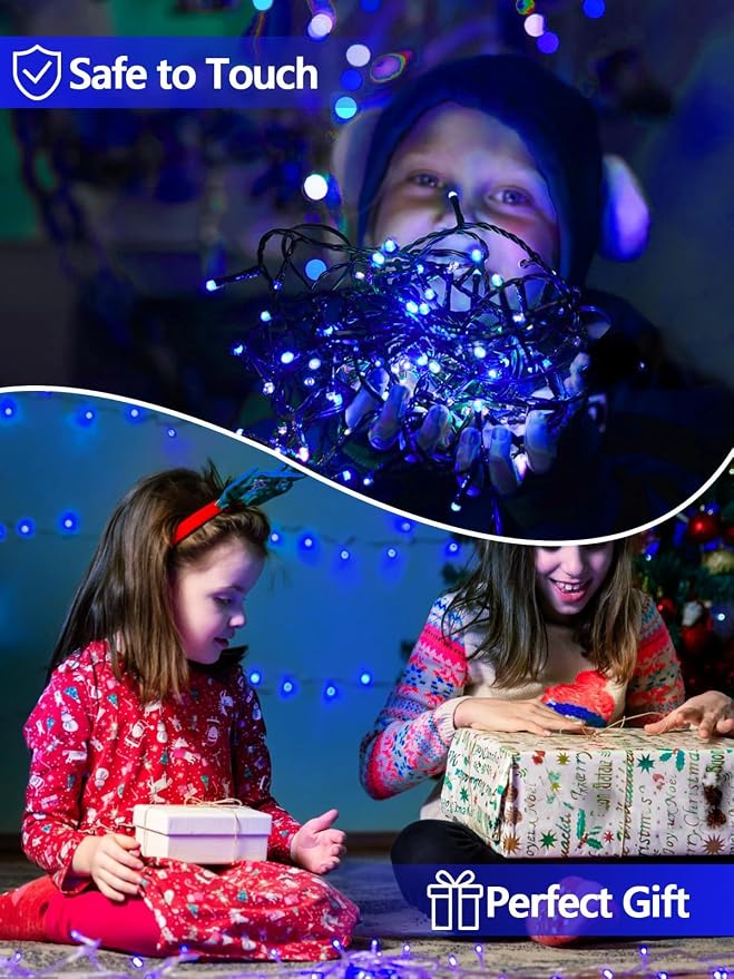 EEW Solar String Lights Outdoor 2 Pack 200 LED Solar Christmas Lights Blue | 8 Lighting Modes, Memory Function, Auto On/Off, 66FT Waterproof Twinkle Lights for Outside Patio Yard Xmas Tree Decorations