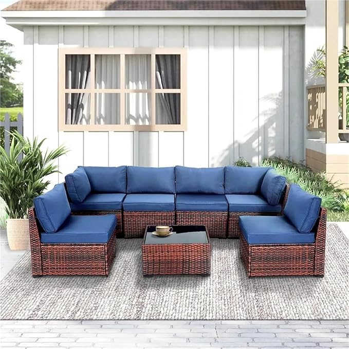 7 Pieces Patio Conversation Sets, All Weather Outdoor Sectional Patio Sofa, Manual Weaving Wicker Rattan Patio Seating Sofas with Thick Cushions and Coffee Table(Grey)