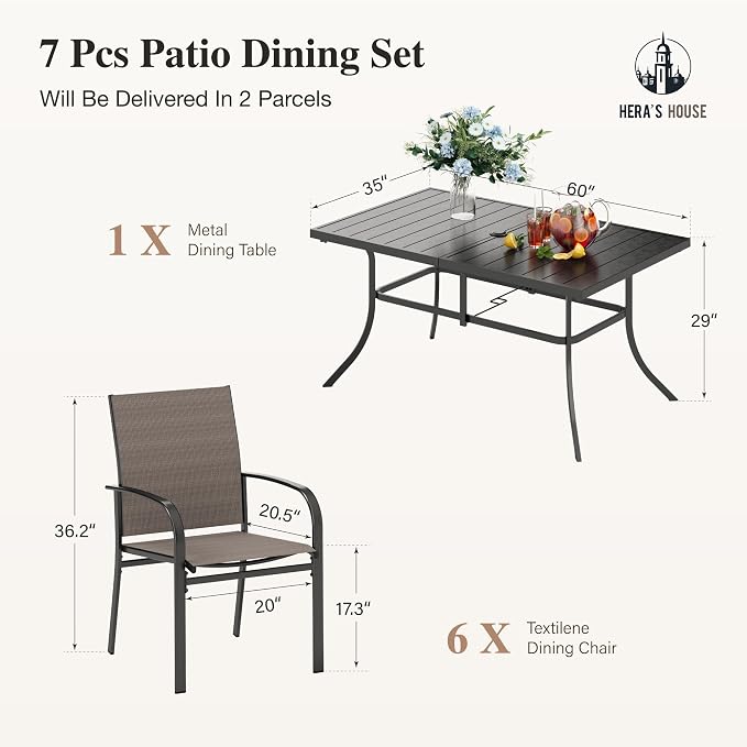 HERA'S HOUSE 7pc Outdoor Patio Dining Set for 6, Textilene Chairs, Brown | 60" rectangular metal table with umbrella hole. Waterproof, rust-resistant, all-weather for backyard, porch