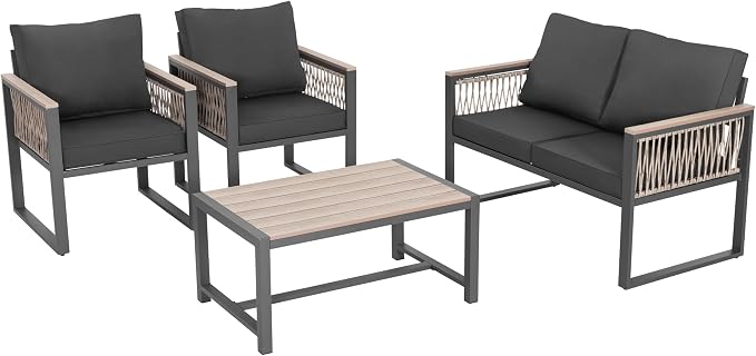 NUU GARDEN 4 Pieces Outdoor Patio Furniture Set, 4 Seats Sectional with Coffee Table, All Weather Wicker Patio Conversation Sets with Armrests and Cushions,Patio Set for Backyard, Garden and Poolside