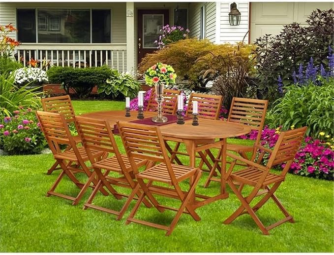 East West Furniture BSBS92CANA 9 Piece Patio Dining Set Includes an Oval Outdoor Acacia Wood Table and 2 Folding Arm Chairs with 6 Side Chairs, 36x78 Inch, Natural Oil