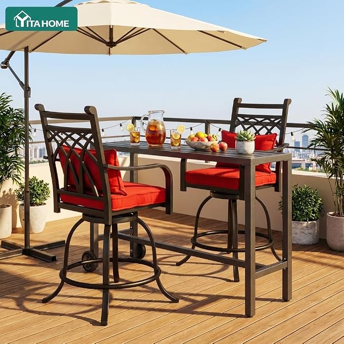 YITAHOME Metal Outdoor Patio Bar Table, 55" Tall Bar Height Table with Wheels, Narrow Rectangle Console Table for Balcony Garden Poolside, Silver Bottom Texture