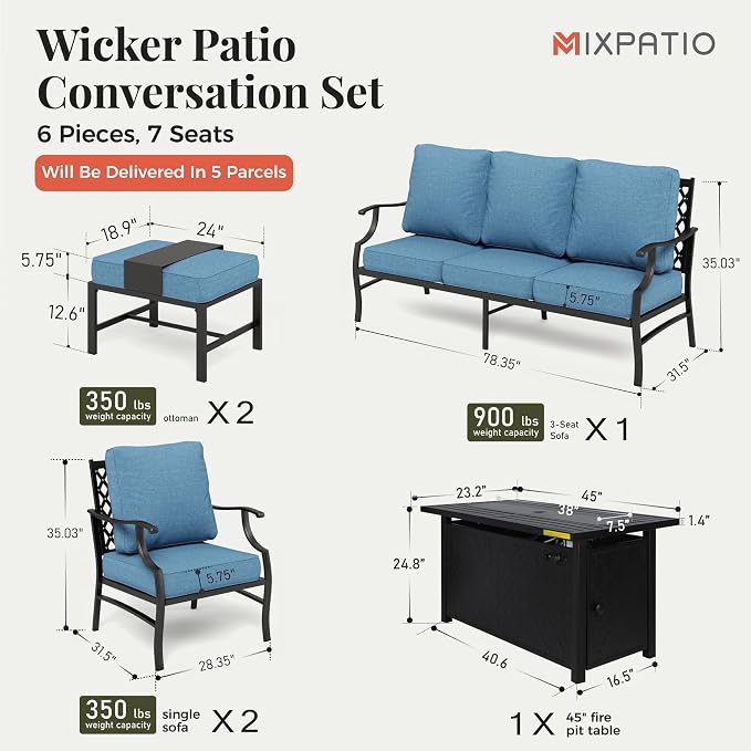 MIXPATIO Patio Furniture Set, 6 Pcs Metal Outdoor Conversation Set, 2 Single Chairs, 2 Ottomans and 3 Seater Sofa with 5.75" Extra Thick Cushion and Gas Fire Pit Table, Navy Blue