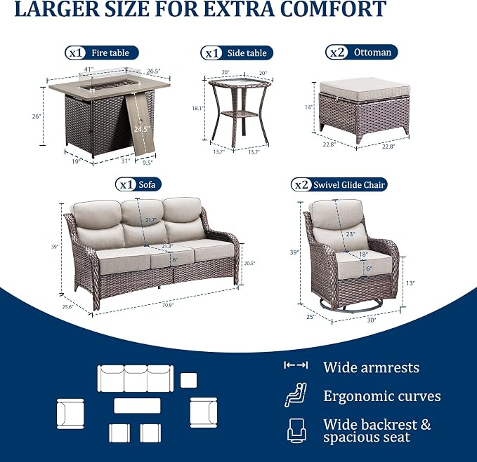 Luxury Swivel Rocker Chairs Fire Pit Set with 6" Thick Cushion 7 piece Wicker Outdoor Patio Chair with Sofa and Ottoman,Comfortable High Back Outdoor Patio Furniture Set - Brown | Beige