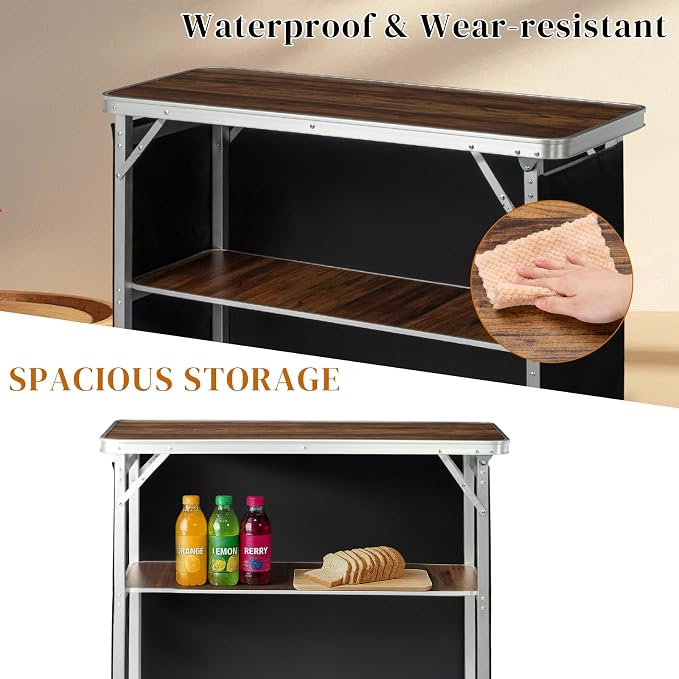 Portable Outdoor Bar Table - Folding Camping Table 2-Tier Shelves with Carrying Case, Storage Shelf & Black Skirt, Tradeshow Podium Table for Events, Camping, Party, Picnic, Exhibition - Brown