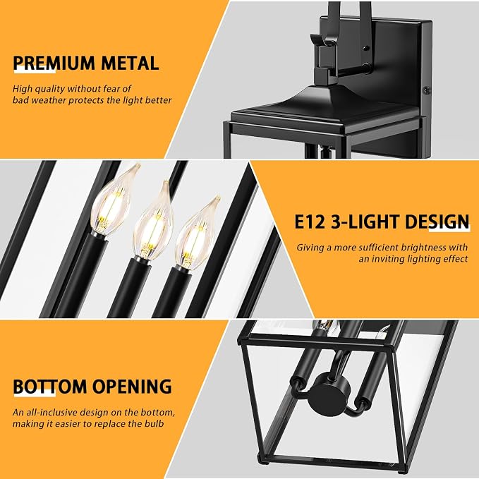 24" Extra Large Outdoor Wall Light 2 Packs, Exterior Lighting Fixtures | Black Outdoor Porch Lantern Wall Mounted, Waterproof Modern Outside Wall Sconce, E12 3-Light Coach Lamp for House Garage