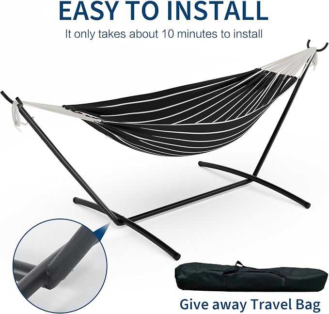 Extra Wide Hammock Chair with Stand, 500lbs Heavy Duty Steel Frame, Adjustable Height, Portable Folding Patio Swing for Outdoor, Backyard, Balcony, Camping – Includes Waterproof Carry Bag