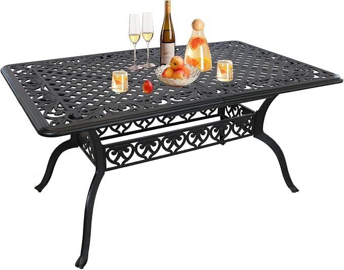 Patio Dining Table, Rectangular Outdoor Dining Table, 59" x 28.7" Rectangle Cast Aluminum Patio Table with Umbrella Hole for Backyards, Porch, Garden or Poolside