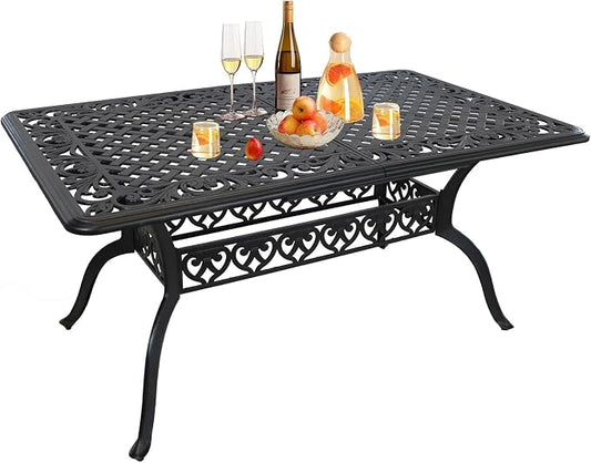 Patio Dining Table, Rectangular Outdoor Dining Table, 59" x 28.7" Rectangle Cast Aluminum Patio Table with Umbrella Hole for Backyards, Porch, Garden or Poolside