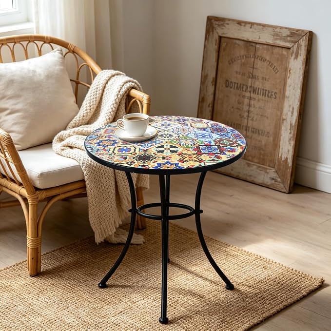 24 Inch Mosaic Patio Round Side Table with Ring Curved Legs Indoor and Outdoor Accent End Table for Yard, Garden, Living Room, Bistro, A - Multicolor Talavera