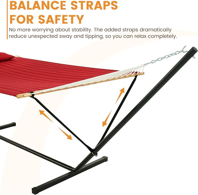 Lazy Daze Hammocks 2 Person Portable Hammock with 12FT Stand for Outside, 10.5FT Quilted Double Hammock with Spreader Bar and Detachable Pillow, 450lbs Capacity for Outdoor Patio, Burgundy