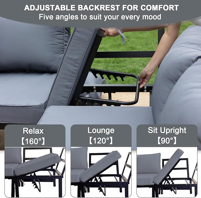 JOYURE 4-Piece Patio Furniture Set,Metal Outdoor Sectional Sofa with Fauxwood Tables &Adjustable Reclining Chair,Patio Modular L Shaped Sofa with Thick Cushions for Backyard,Deck,Balcony,Grey