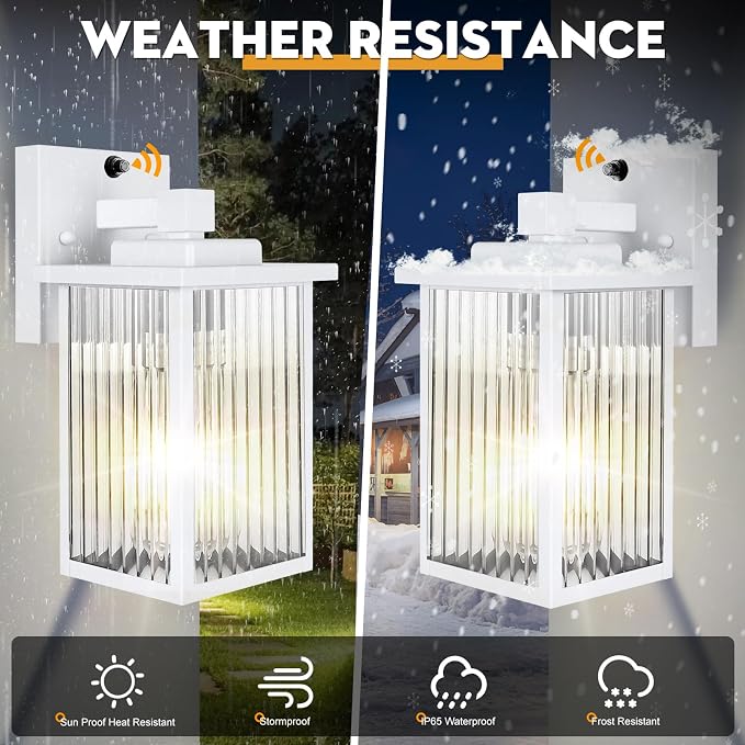 White Dusk to Dawn Wall Mount Porch Lights, Exterior Light Fixtures | Auto On and Off, Anti-Rust Metal Frame, Tempered Glass, E26 Socket, Easy DIY Install on Porch, Garage