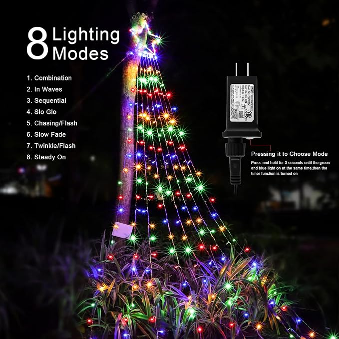 Christmas Decorations, Outdoor Christmas Lights, 320 LED Outdoor Christmas Tree String Lights with 12" Star Toppers [8 Modes& Waterproof] for Xmas New Year Holiday Decor (Multicolored)
