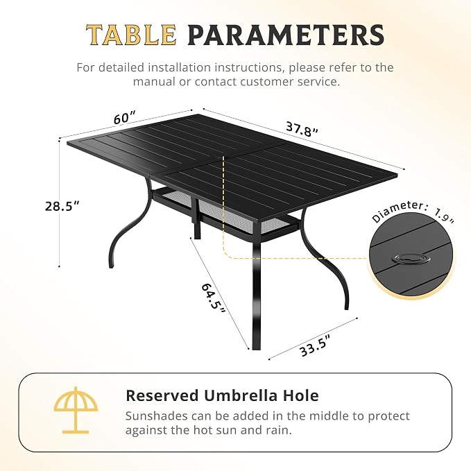 8 Piece Patio Dining Set Outdoor Furniture Set, Rectangular Metal Patio Dining Table with Umbrella Hole & 9FT Patio Umbrella 6 Swivel Dining Chairs for Garden Lawn Yard