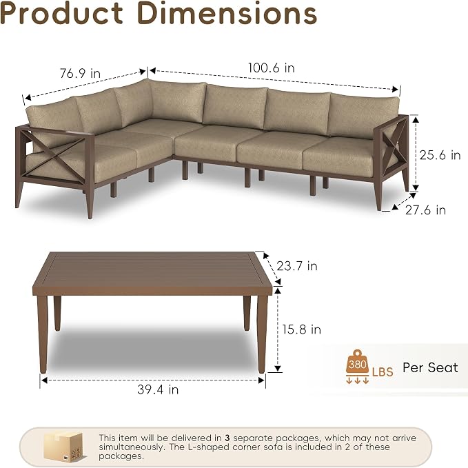 Outdoor Sectional Sofa Set 6 Seat Patio Conversation Set with Cushions, Aluminum Patio Furniture for Backyard Deck Garden Seating