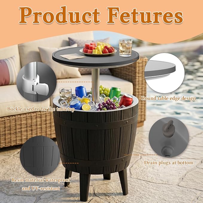 ROJIK 3-in-1 Resin Ice Bucket & Beverage Cooler – Wood Look Patio Table, UV Protection & Drain Plug for Outdoor Parties, Bars, and Poolside Use