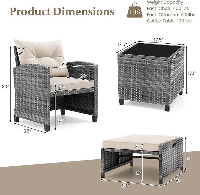 Tangkula 5 Pieces Patio Conversation Set, PE Wicker Rattan Outdoor Furniture Set with 2 Chairs, 2 Ottomans & Tempered Glass Coffee Table, Ideal for Poolside, Backyard, Lawn, Deck, Mix Grey & Off White