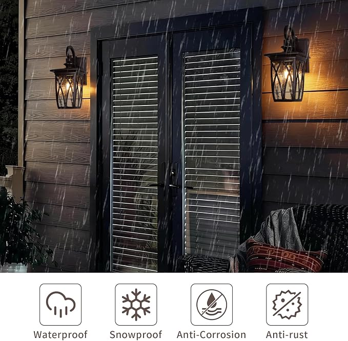 Dusk to Dawn Outdoor Wall Light Fixtures,14'' Outdoor Porch Sconces Lighting , Waterproof Wall Lanterns with E26 Sockets & Water Ripple Glass, Modern Oil Rubbed Bronze Outside Lights for Patio, Garage