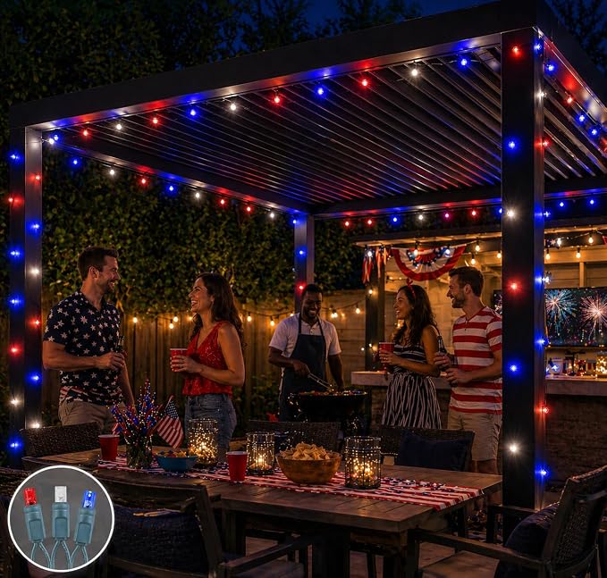 Novelty Lights 100 LED 50ft Red White Blue USA Patriotic String Lights