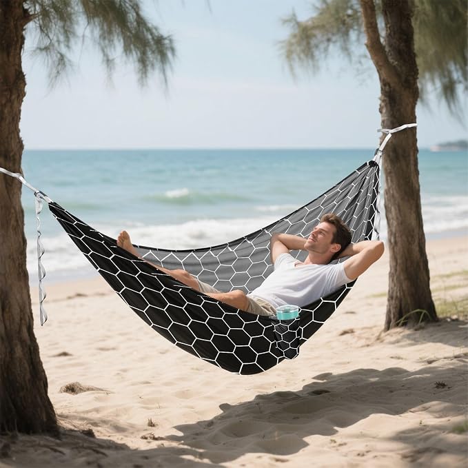 Camping Hammock Outdoor Hammocks for Outside Hexagonal Grid Black Beach Trees Portable Lightweight with Pockets Tree Straps Indoor